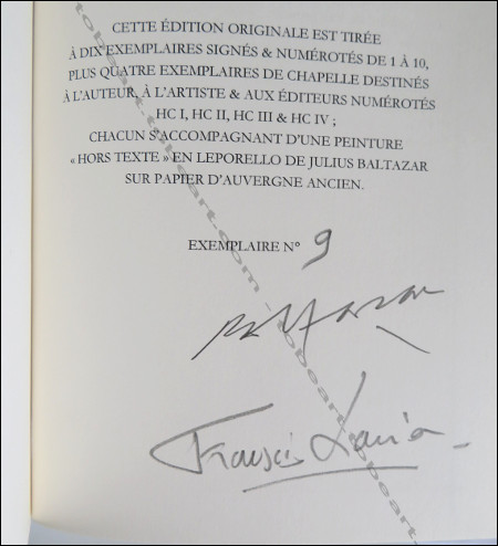 Julius BALTAZAR - Franois Xavier. Elgies du chaos. Dialogue avec Julius Baltazar. Paris, Les Editions du Littrarire, 2018.