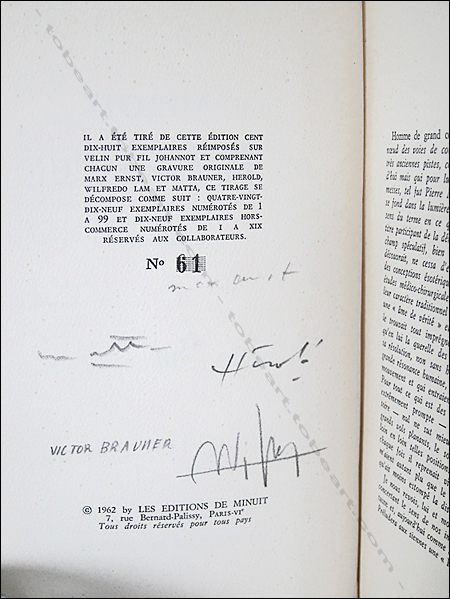 Max ERNST, Victor BRAUNER, Jacques HEROLD, Wilfredo LAM, Roberto MATTA - Pierre Mabille - Le Miroir du Merveilleux. Paris, Les Editions de Minuit, 1962.