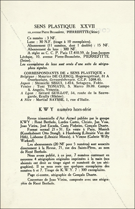 Sens Plastique. Revue mensuelle N°XXVII - KWY. Paris, Librairie-Galerie Le Soleil dans la Tête, mai 1961.