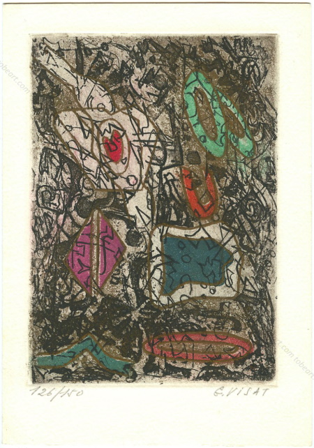 Georges VISAT - Les chocolats de Nol. Gravure originale / original etching. Carte de voeux 1988.